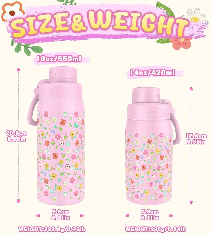 GOPPUS 15oz Kids Water Bottle with Spout Lid, Toddler Water Bottle, Stainless Steel Insulated Water Bottle, Leakproof, BPA Free, Suitable for Boys and Girls for School（Flowers）
