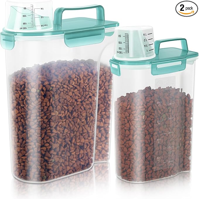 LEAWALK 5-7Lbs Dog Cat Food Storage Container with Upgraded Large Nozzle BPA-free, 4 Snap Seals Plastic Pet Food Storage Containers with Handles (Clear Blue, (5L+3L) 2pack)
