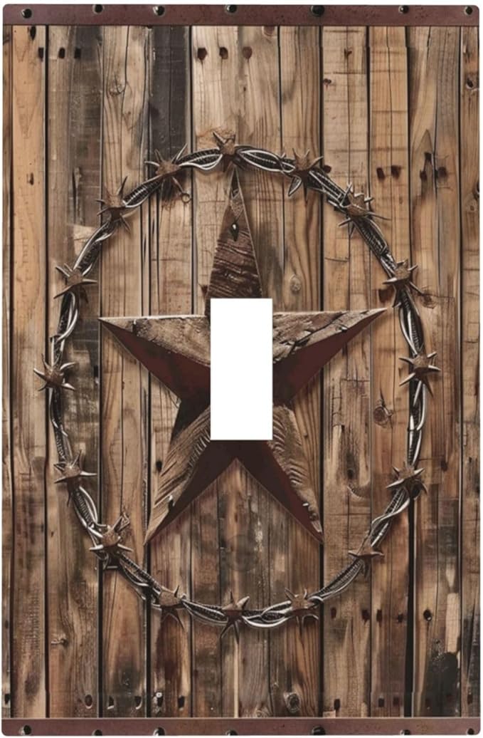 Outlet Covers Rustic Star Western Cowboy Wood 1 Gang Duplex Light Switch Cover Plate Decorative Wall Plates Electrical Switchplate Receptacle for Farmhouse Home Decor（2 Pack）