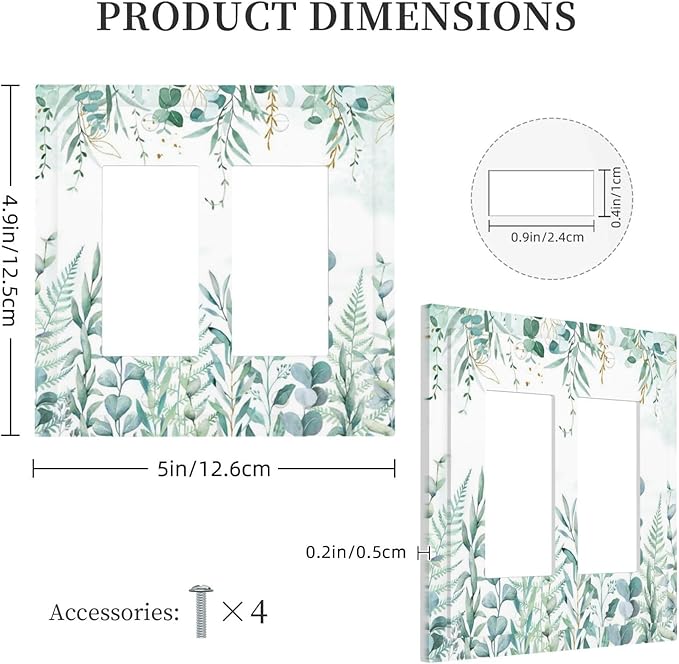 Boho Green Eucalyptus Leaf Floral Sage Flower Decorative Outlet Covers 2 Gang Double GFCI Rocker Electrical Wall Panels Light Switch Cover Plate for Bedroom Living Room Decor