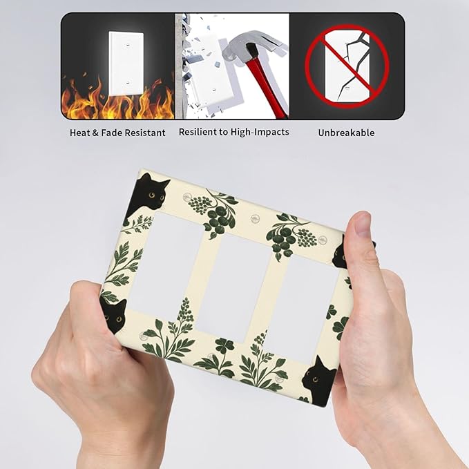 Decorative Outlet Covers Funny Black Cat Green Leaf 3 Gang Light Switch Cover Plate Triple Rocker Wall Plates for Electrical Outlets Switch Plate Covers for Bedroom Home Decor