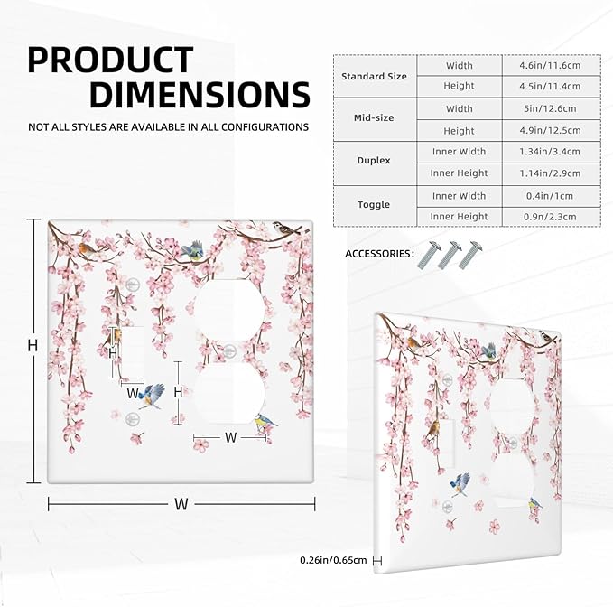 Pink Cherry Blossom Flower Vine Floral Tree Branch Birds Wallplates 1 Toggle 1 Duplex Switch Plate Electrical GFCI Faceplate Decorative Light Switch Covers for Bedroom Living Room Decor