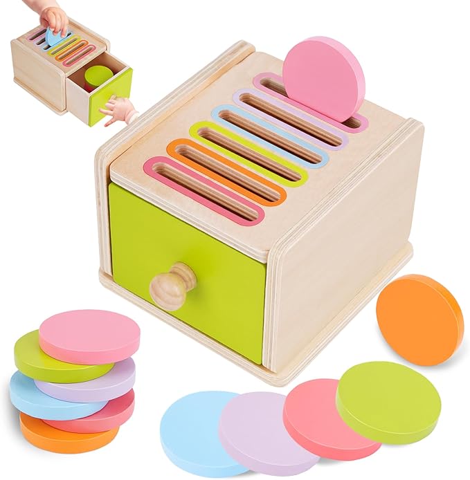 FCSONU Toddlers Montessori Coin Box Toys for 1 2 3 Year Old, Wooden Baby Toys for Toddlers 1-3, Color Sorting & Stacking Sensory Toys for Ages 2-4 Kids, Easter Birthday for Boys Girls