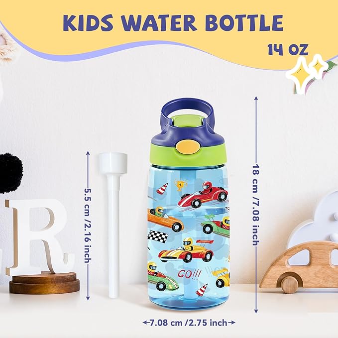 14oz Racing Car Kids Water Bottle with Straw Lid - Cool Water Bottles for Kids, Leakproof, Lightweight, Durable Plastic Bottles for School, Pop-Up Straw Cover, Gift Cup for Girls Boys (Racing Car)