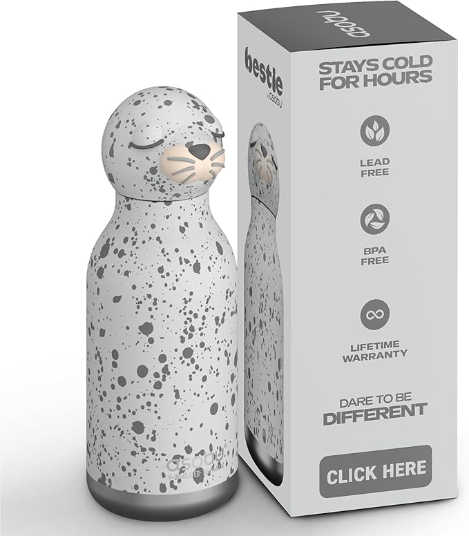 asobu Bestie Bottle Insulated Stainless Steel Water Bottle with Detachable Soft Animal Head Fun Drinking For Kids and Teens with Flexible Reusable Straw 16 Ounce (Seal White)