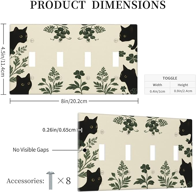 Decorative Light Switch Cover Plate Funny Black Cat Green Leaf 4 Gang Wall Plates for Electrical Outlets Quad Toggle Switch Plate Covers Outlet Covers Faceplate for Bedroom Home Decor