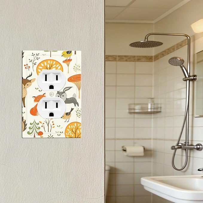 Cute Woodland Animals Duplex Wall Plate - 1-Gang Standard US Size Forest Pattern Trees Mushrooms and Berries Outlet Covers for Boys & Girls Room Decor