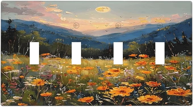 Sunset Wild Flower Field Floral Nature Landscape Light Switch Covers Quad Toggle Electrical Faceplate 4 Gang Wall Plate Decorative Switch Plates Cover for Farmhouse Bedroom Decor