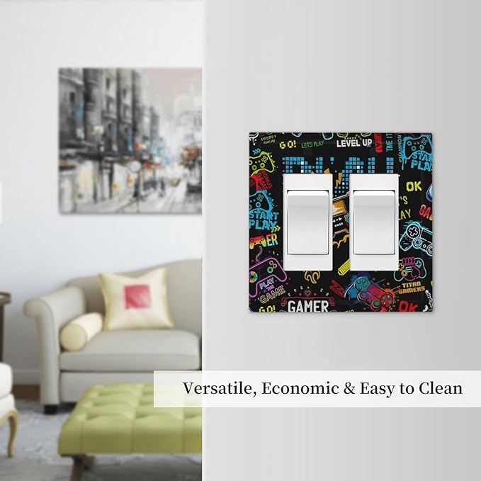 Gamer Video Game Themed Cool Controller Print Decorative Outlet Covers 2 Gang Double GFCI Rocker Electrical Wall Panels Light Switch Cover Plate for Kids Room Office Decor
