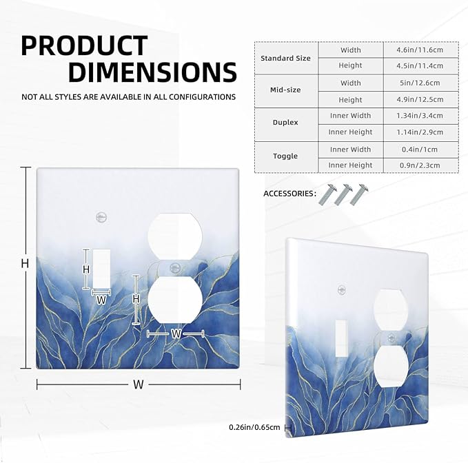 Outlet Covers Blue Gold Leaf Marble Modern Abstract 2 Gang Decorative Switch Plates 1 Toggle Duplex Combo Light Switch Cover GFCI Socket Cover WallPlates for Kitchen Bathroom Decor
