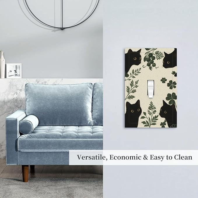 Decorative Light Switch Cover Plate Funny Black Cat Green Leaf 1 Gang Single Toggle Wall Plates for Electrical Outlet Covers Switch Plate Covers Faceplate for Bedroom Home Decor