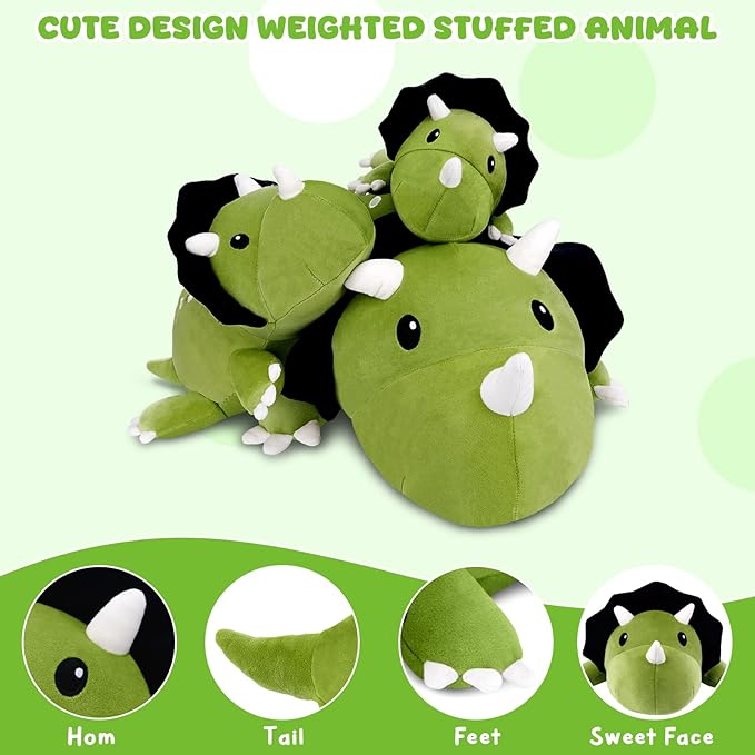 TOYSYM Weighted Stuffed Animals Triceratops, Dinosaur Plush with Weighted Beads, Cute Triceratops Dinosaur Stuffed Animals Pillow Gifts for Adults Kids Boys Girls 23.6inch