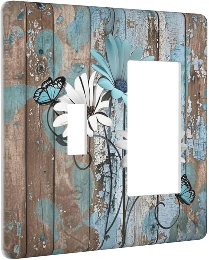 Outlet Covers Rustic Flower Teal Turquoise Daisy Butterfly 1 Toggle 1 Rocker Combination Decorative Wall Plate Electrical Switch Plates Light Switch Cover Plate For Farmhouse Cabin Decor