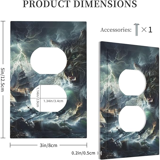 Decorative Outlet Covers funny Cat Stormy sea Lightning Sailboats 1 Gang Duplex Light Switch Cover Plate Electrical Switch plates Wall Plates Receptacle Covers for Bathroom Kid Room Decor