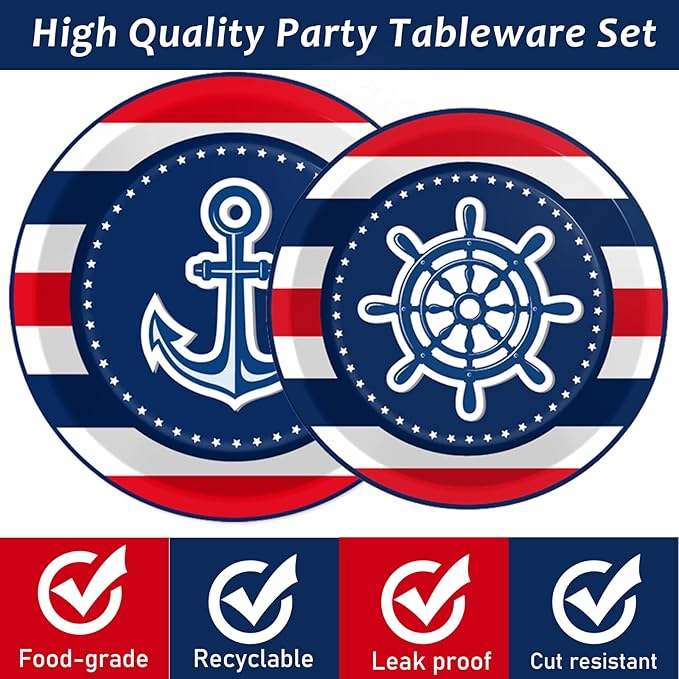 96 Pcs Nautical Anchor Party Plates Napkins Tableware Set Anchor Theme Supplies Disposable Dinnerware Sailor Boat Ship Decoration Favors for Navy Baby Shower Birthday, 24 Guests