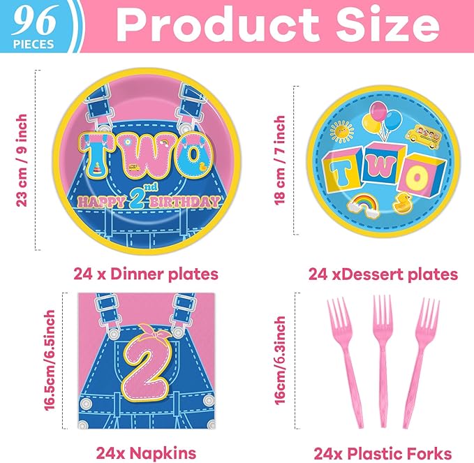 96Pcs Cartoon Girls 2nd Birthday Party Plates and Napkins Cartoon Teacher Paper Disposable Dessert Plates English Teacher Two Year Old Tableware Set for Girls Second Birthday Supplies Serves 24 Guests