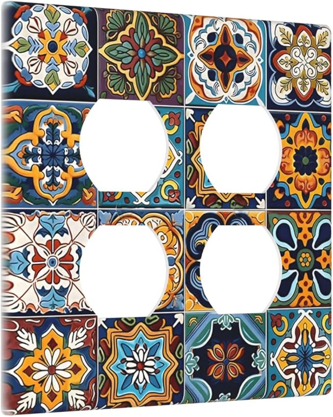 Mexican Talavera Tiles Floral Outlet Covers 2 Gang Double Duplex Decorative Light Switch Covers Electrical Wallplates Socket Faceplate for Bathroom Kitchen Decor