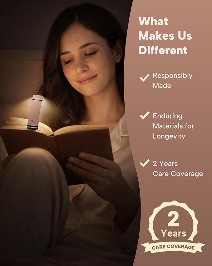 86lux Book Light, Rechargeable Clip-On LED Reading Light for Bed & Night Use - 3 Color Temperatures with Stepless Dimming, Ultralight Bookmark Design for Kids, Book Lovers, Pink Brown