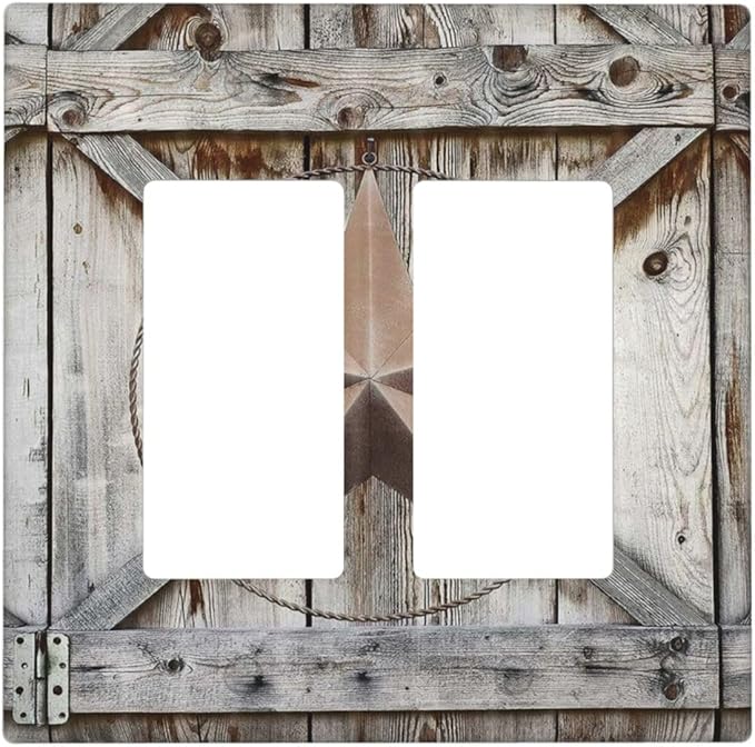 Rustic Western Texas Star Barn Door 2 Gang Rocker Decora Light Switch Cover Decorative Outlet Covers Wall Plate Electrical Faceplate Switchcovers GFCI for Farmhouse Bathroom Home Living Room Decor