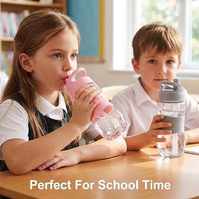 Sivaphe Clear Kids Water Bottle with Straw Cap 12 oz, Portable Leak-Proof Tritan Small Beverage Bottle 350 ml, Transparent Sports Drinking Bottle 350ml for School Girls Lightweight Pink