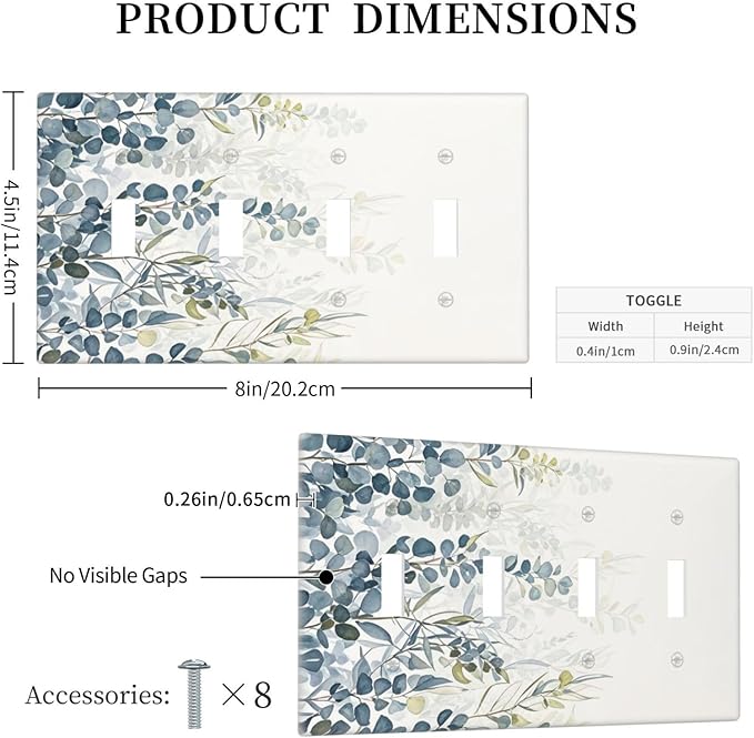 Decorative Switch Plate Cover with Green & Blue Watercolor Eucalyptus Botanical Foliage Design 4 Gang Artistic Wall Plate Unique Quad Toggle Light Switch Covers for Contemporary Living Room