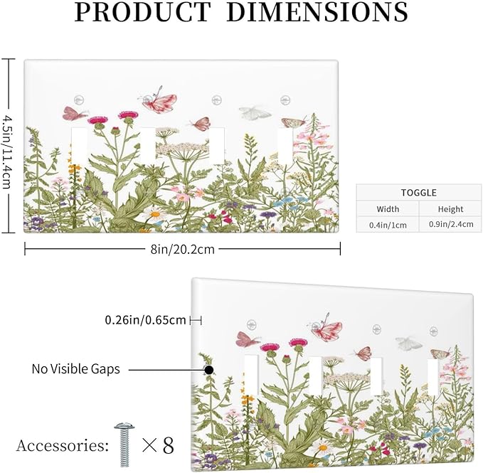 Colorful Butterfly Floral Plants Flower Vine Light Switch Covers Quad Toggle Electrical Faceplate 4 Gang Wall Plate Decorative Switch Plates for Bed Room Living Room Decor