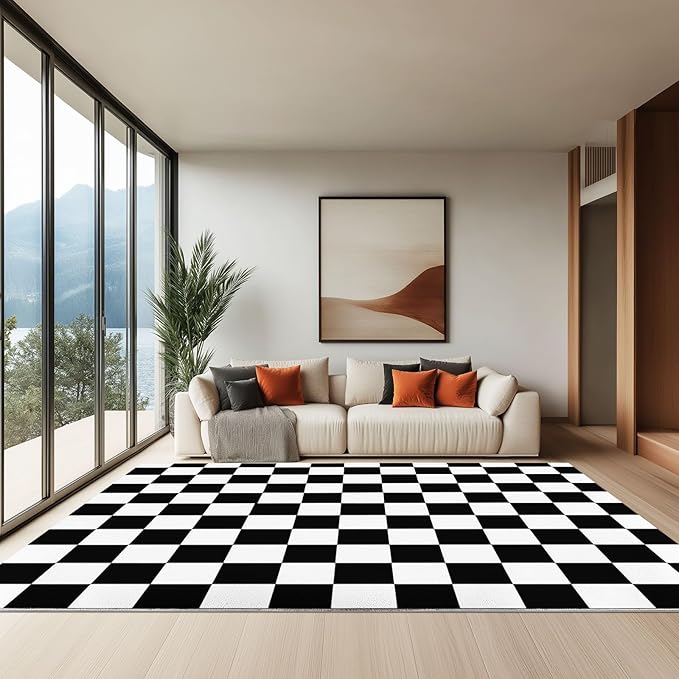 Area Rug Geometric Black and White Checkered Living Room Non-Slip Carpet, 3 x 4 ft Floormat Carpet, Black and White Soft Low-Pile Washable Large Area Rugs for Bedroom Dining Room Kitchen Mat