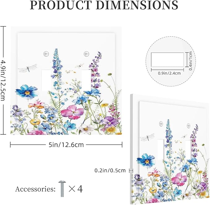 Decorative Switch Plates Boho Colorful Flowers Plants And Dragonflies 2 Gang Double Toggle Wall Plate Outlet Light Switch Cover Electrical Faceplate for Bedroom living Room Decor