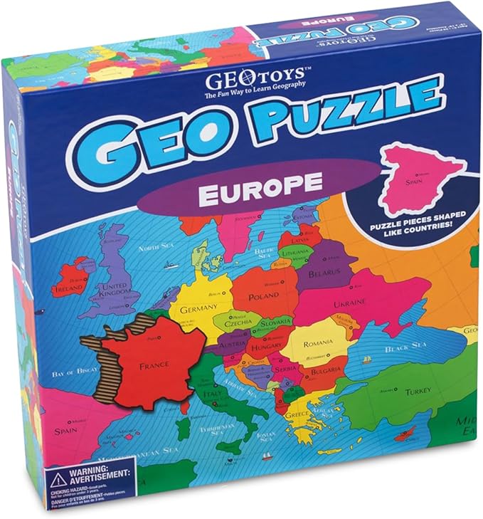 GeoToys GeoPuzzle, Europe Jigsaw Puzzles, 58 Pc Geography Game & Map Puzzle, Educational Games & Kids Learning Activities, Puzzle Gifts for Children Ages 6-9, Fun Learning Toys for Kids