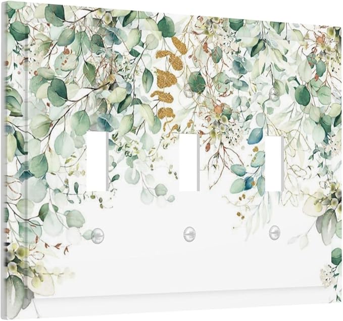Gold Green Eucalyptus Leaves Plants Flowers Floral Decorative Switch Plates 3 Gang Wall Plate Triple Toggle Light Switch Cover Faceplate Electrical Wall Panels for Bedroom Living Room Decor