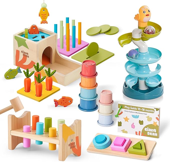 Giant bean 8-in-1 Wooden Montessori Toys Set Learning Toys for Baby 12-18 Month with Object Permanence Box, Senser Ball Roll Tower, Hammer, Fishing Carrot, Shape Sorting Stacking Cup for Kids 1+