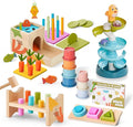 Giant bean 8-in-1 Wooden Montessori Toys Set Learning Toys for Baby 12-18 Month with Object Permanence Box, Senser Ball Roll Tower, Hammer, Fishing Carrot, Shape Sorting Stacking Cup for Kids 1+