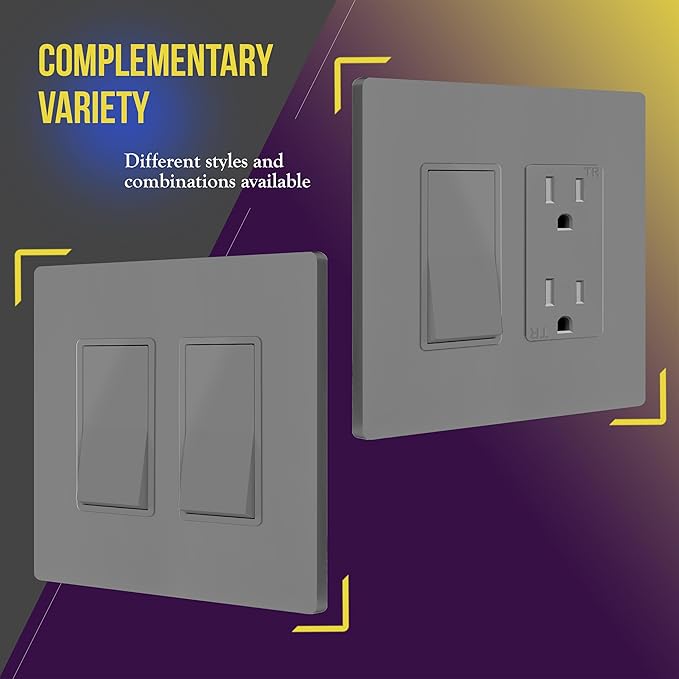 ENERLITES Screwless Decorator Wall Plates Child Safe Outlet Covers, Gloss Finish, Medium Size 2-Gang 4.88" H x 4.92” L, Unbreakable Polycarbonate Thermoplastic, SI8832M-GY, Gray
