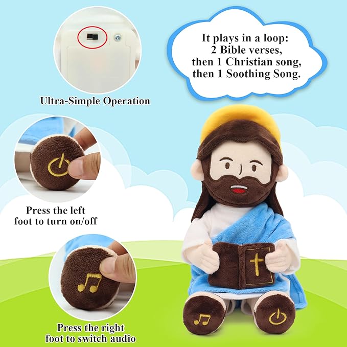 Yelakey Jesus Plush Talking Doll with Halo,Speak 20 Bible Verses & 20 Songs,13.4" Interactive Hymn Stuffed Plushie Perfect Religious Gift for Kids Sunday School & Easter Celebrations