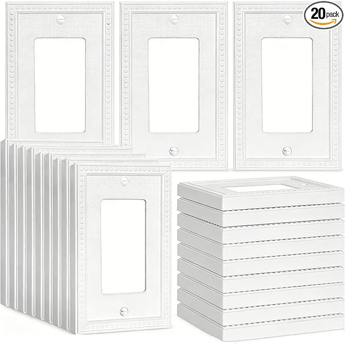 ZEFTV Mid-Size 20 Pack Decorator Wall Plates 1-Gang Switch Outlet Electrical Cover Plate Unbreakable Thermoplastic Faceplate for Light Receptacle Outlet Switch, Classic Beaded Relief Design, White