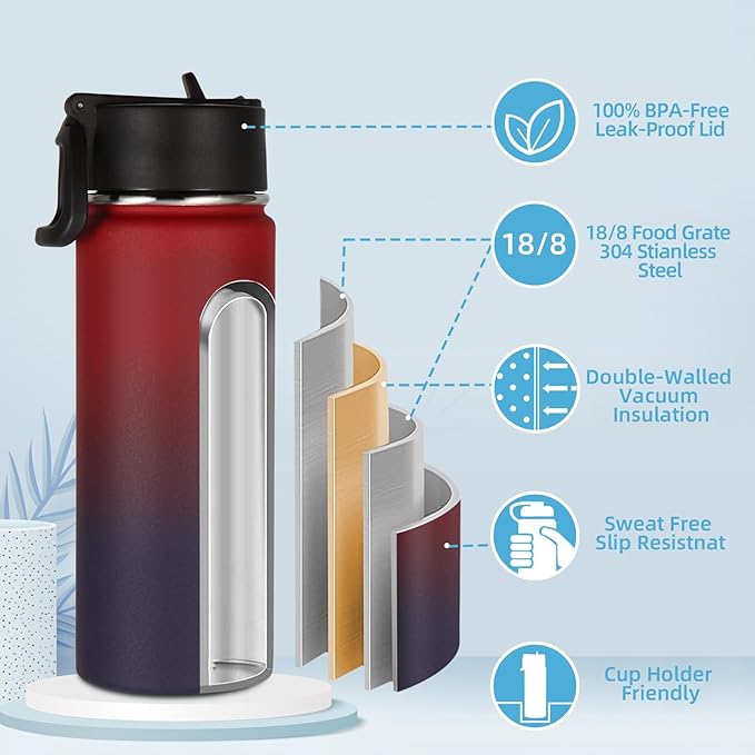 Volhoply 18oz Insulated Water Bottle Bulk 2 Pack,Kids Stainless Steel Water Bottles with Straw Lid,Double Wall Vacuum Reusable Metal Cups,Wide Mouth Sports Flask Keep Hot and Cold(Red Purple,2 Set)
