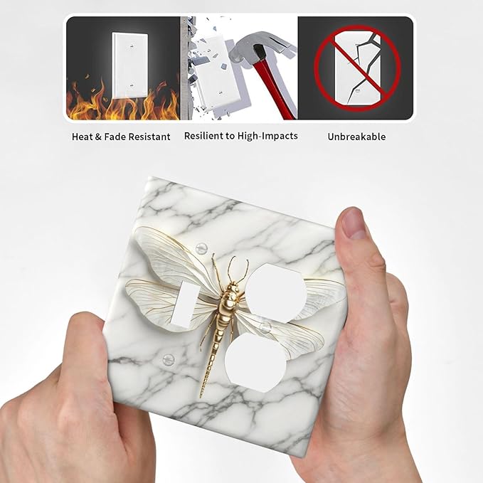 White Gold Marble Dragonfly Abstract Modern Wallplates 1 Toggle 1 Duplex Switch Plate Electrical GFCI Faceplate Decorative Light Switch Covers for Bathroom Home Decor