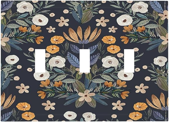 Boho Leaf Floral Navy Blue Background 3 Gang Light Switch Covers Triple Toggle Wall Plate Decorative Switchplate Electrical Faceplate for Farmhouse Country Bedroom Bedroom Decor