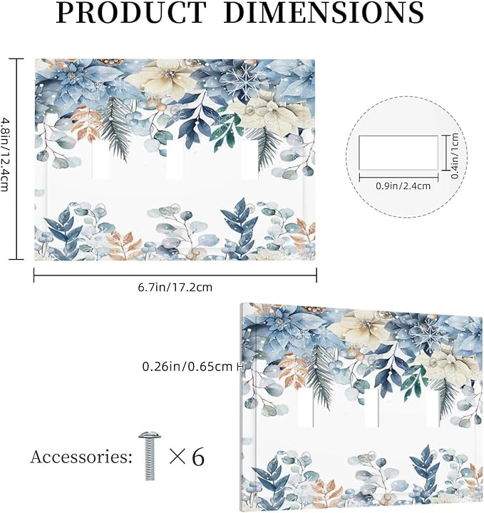 Blue Vine Snowflake Plants Leaves Floral Flowers Decorative Switch Plates 3 Gang Wall Plate Triple Toggle Light Switch Cover Faceplate Electrical Wall Panels for Bedroom Living Room Decor