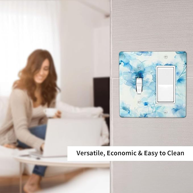 Watercolor Flower Blue White Large Floral Leaf Plants Outlet Covers 1 Toggle 1 Rocker Combination Decorative Wall Plate Electrical Switch Plates Light Switch Cover Plate for Bedroom Living Room Decor