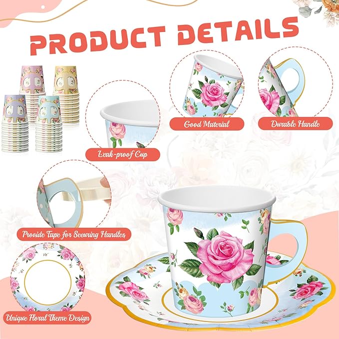 Umigy 36 Sets Mother's Day Tea Party Decorations 9 oz Floral Paper Teacups & Saucer Set for Girls Women Tea Parties Mothers Day Bridal Shower Wedding Birthday Party Decorations(Gradient Mixed Color)
