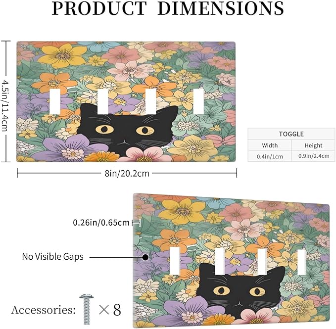 Light Switch Covers Funny Cute Cartoon Cat Floral Colorful Flower Quad Toggle Electrical Faceplate 4 Gang Wall Plate Decorative Switch Plates For Kids Room Nursery Decor