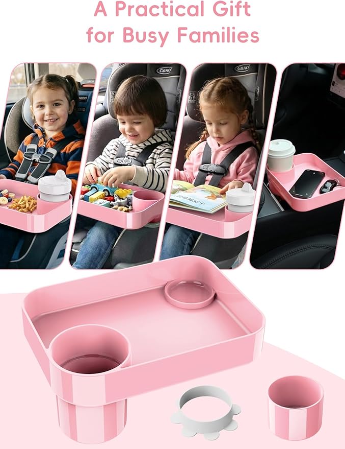 Car Seat Cup Holder Snack Tray for Kids, Reduces Mess, Detachable Large Base & Adjustable Ring, Carseat Tray for Toddler, Car Seat Food Tray Eating Table for Kids Travel Road Trip -Pink