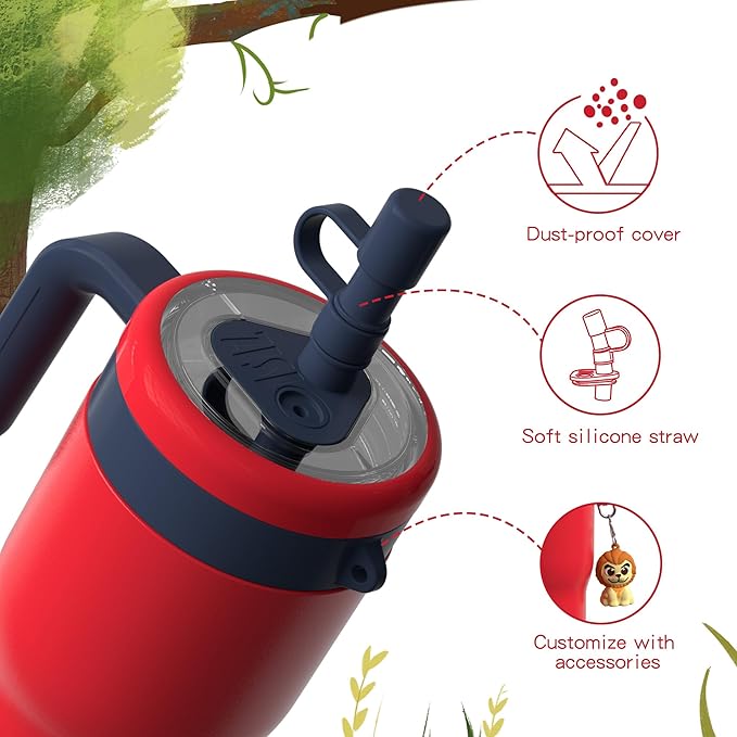 OISIZ 14oz Kids Tumbler with Straw Lid & Handle,Kids Cup with Animal Accessory for School,Kids Water Bottles with Dust-proof Cover,Leakproof Water Bottles,316 Stainless Steel,Keep Cold 24 Hours-red