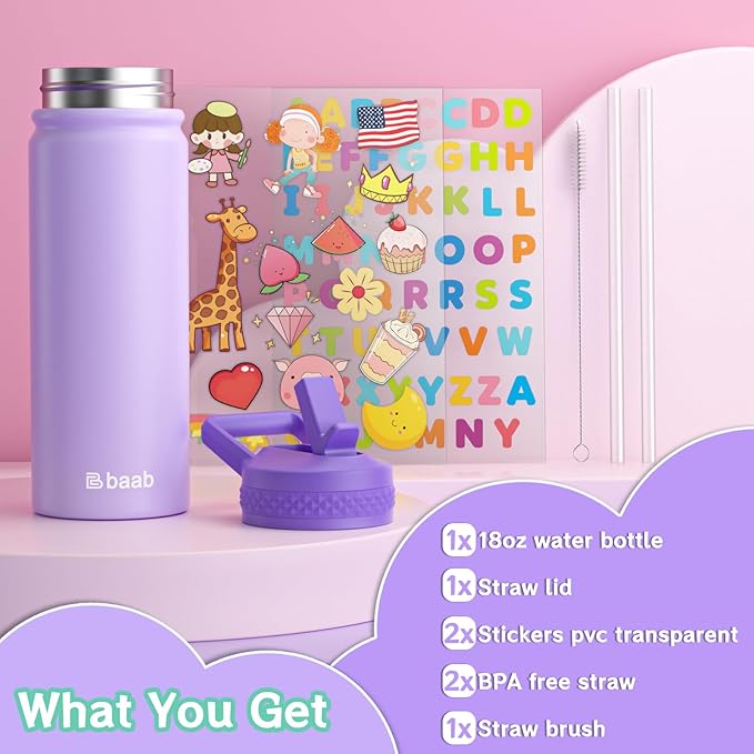 baab 18oz Kids Water Bottle, Insulated Water Bottle with Straw & Stickers, 18/8 Stainless Steel Vacuum Leakproof Kds Water Straw Cup for School, Perfect for Boy Girl (Purple, 1 Pack)