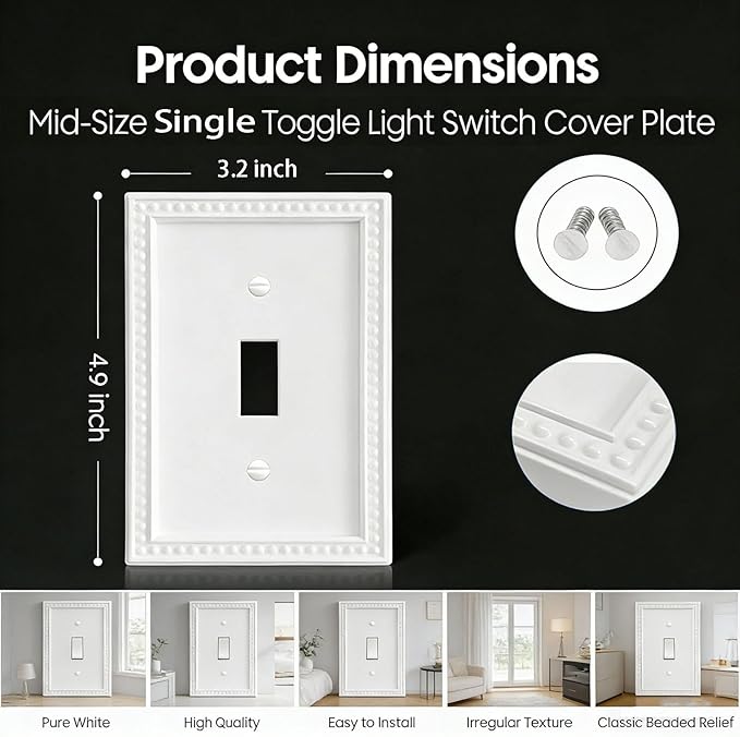 ZEFTV 20 Pack Mid-Size Toggle Light Switch Wall Plates 1-Gang Switch Electrical Cover Plate Unbreakable Thermoplastic Faceplate, Classic Beaded Relief Design, White