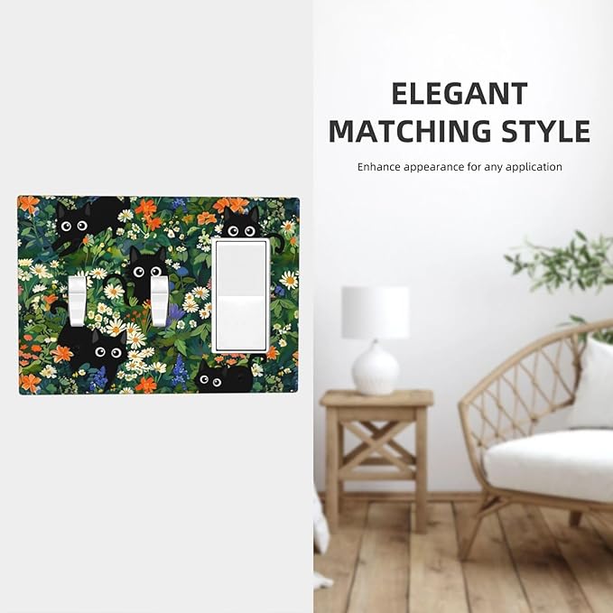 Black Boho Green Leaves Floral 3-Gang 2-Toggle 1-GFCI/Decorator Combination Light Switch Decorative Triple Combo Device Switches/Rocker Outlet Covers and Wall Plate