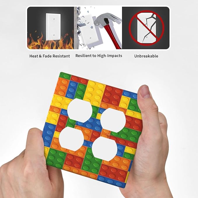 Outlet Covers Colorful Building Block 2 Gang Decorative Light Switch Cover Double Duplex Wall Plates Switch Plates Electrical Socket Covers for Kids Room Home Decor