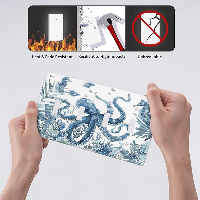 Blue Octopus Squid Seahorse Coral Watercolor Wild Sealife Light Switch Covers Quad Toggle Electrical Faceplate 4 Gang Wall Plate Decorative Switch Plates for Bathroom Kids Room Decor