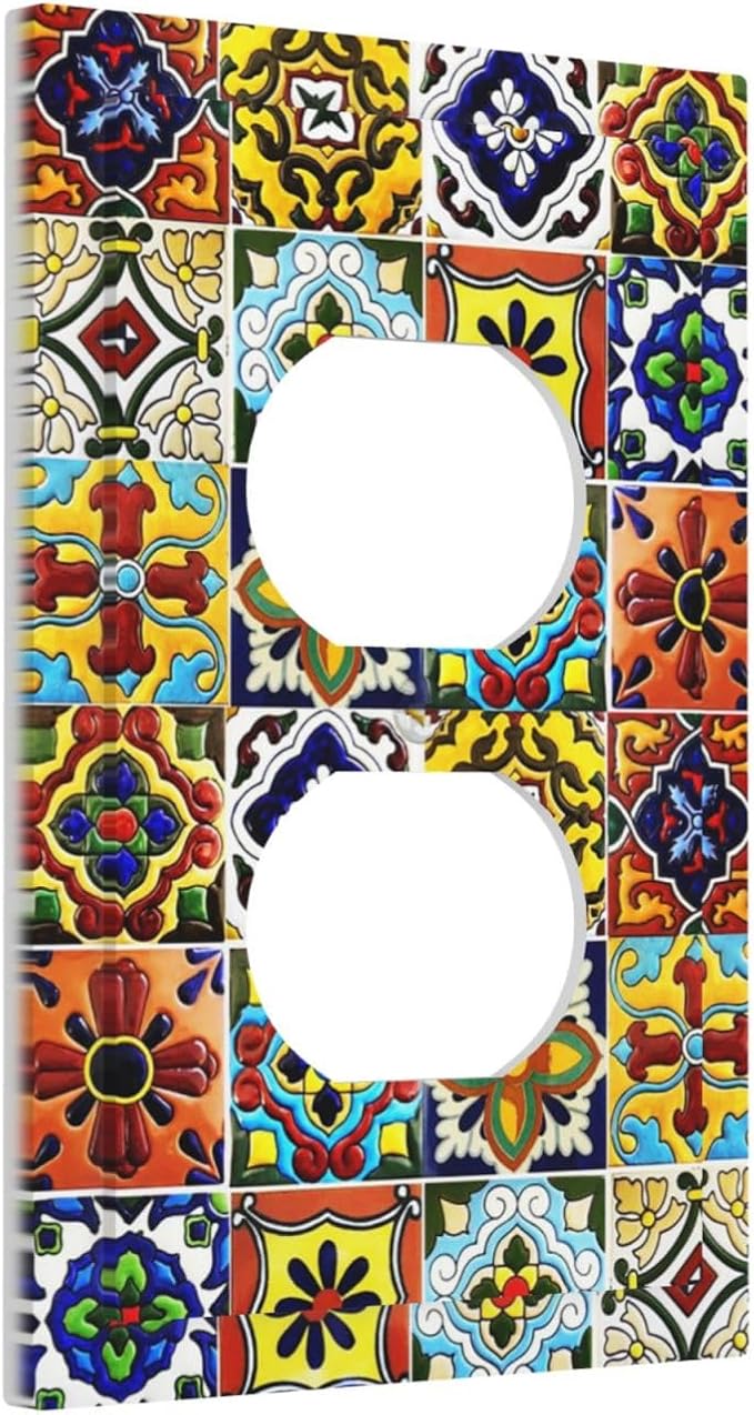 Colorful Mosaic Moroccan Mexican Bohemian Boho Talavera Style Ceramic Tile 1 Gang Duplex Wall Plate Electrical Receptacle Outlet Cover Decorative Dual Device Mid Size Light Switch Plug Face Plate